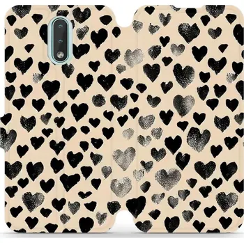 Pouzdro na mobilní telefon Flipové pouzdro Mobiwear - Nokia 2.3 - VA51S Černá srdíčka (Knížkové flip pouzdro, obal, kryt na mobil Nokia 2.3 - VA51S Černá srdíčka, materiál Umělá kůže + TPU - ochrana 360°, stojánek, silikonová vanička, magnetické zavírání)
