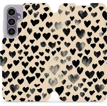 Pouzdro na mobilní telefon Flipové pouzdro Mobiwear - Samsung Galaxy S23 FE - VA51S Černá srdíčka (Knížkové flip pouzdro, obal, kryt na mobil Samsung Galaxy S23 FE - VA51S Černá srdíčka, materiál Umělá kůže + TPU - ochrana 360°, stojánek, silikonová vanička, magnetické zavírání)