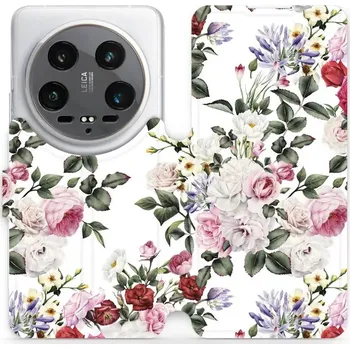 Pouzdro na mobilní telefon Flipové pouzdro Mobiwear - Xiaomi 14 Ultra 5G - MD01S Růže na bílé (Knížkové flip pouzdro, obal, kryt na mobil Xiaomi 14 Ultra 5G - MD01S Růže na bílé, materiál Umělá kůže + TPU - ochrana 360°, stojánek, silikonová vanička, magnetické zavírání)