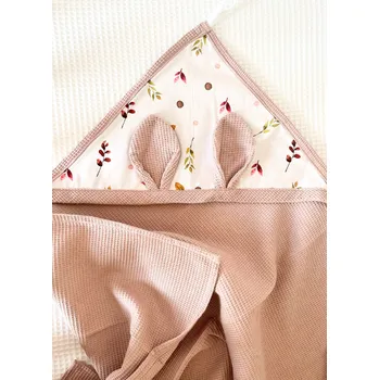 Vaflová osuška s oušky - pudrová s lístky