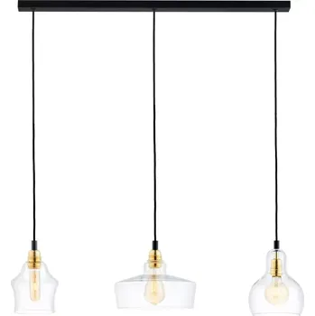 Kaspa 10875305 LONGIS GOLD - Trojramenné závěsné svítidlo, čiré sklo, černá, 3 x E27 (Závěsné tříramenné svítidlo v moderním retro stylu 3 x E27, černý textilní kabel, čirá skleněná stínidla, černá stropní základna)