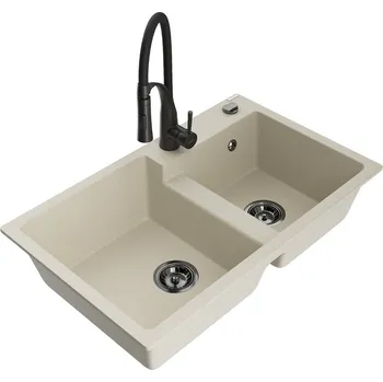 Granitový dřez Mexen Tomas 2miskový granitový dřez s kuchyňskou baterií Aster, béžová 6516-69-73450-70-B