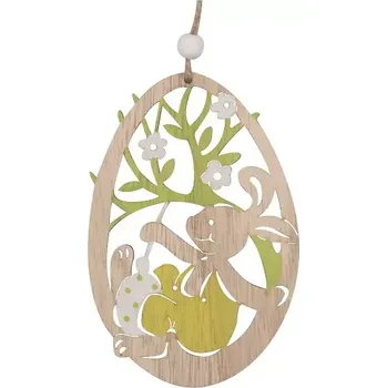 Velikonoční dekorace Vajíčko dřevěné se zajíčkem na zavěšení 11 cm 634