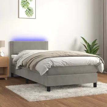 Postel vidaXL Box spring postel s matrací a LED 90x190 cm samet [3134316] Barva: světle šedá