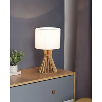 Lampička Stolní lampa bílá dřevěná 37 cm kulatá látková stínítka v mřížkovém vzhledu, kabel s vypínačem, venkovský styl Beliani