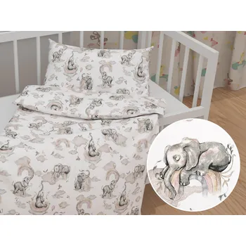 Povlečení Dětské bavlněné povlečení do postýlky Sandra SA-462 Sloni s šedohnědou duhou na bílém Do postýlky 90x140 a 50x70 cm