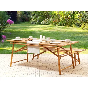 Zahradní stůl Zahradní stůl světle hnědé bambusového dřevo 180 x 90 cm obdélníkový tvar moderní boho styl exteriér Beliani