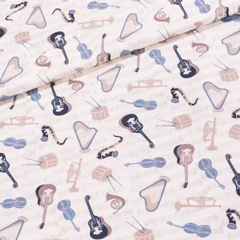 Bavlněné plátno EMA hudební nástroje na krémové, š.140cm (látka v metráži)