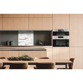 Obklad DIMEX | Dibond za kuchyňskou linku DBW-06060-094 | 60 x 60 cm | Nápisy děkuji + Dibond deska za kuchyňskou linku DIMEX v rozměru 60 x 60 cm, motiv Nápisy děkuji