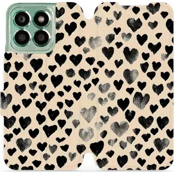 Pouzdro na mobilní telefon Flipové pouzdro Mobiwear - Honor X8b - VA51S Černá srdíčka (Knížkové flip pouzdro, obal, kryt na mobil Honor X8b - VA51S Černá srdíčka, materiál Umělá kůže + TPU - ochrana 360°, stojánek, silikonová vanička, magnetické zavírání)