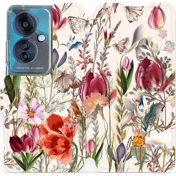 Pouzdro na mobilní telefon Flipové pouzdro Mobiwear - OPPO Reno 11 F 5G - MP01S Rozkvetlá louka (Knížkové flip pouzdro, obal, kryt na mobil OPPO Reno 11 F 5G - MP01S Rozkvetlá louka, materiál Umělá kůže + TPU - ochrana 360°, stojánek, silikonová vanička, magnetické zavírání)