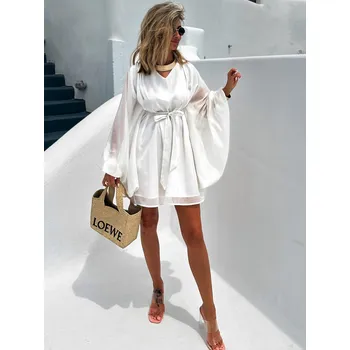 Dámské šaty Bílé elegantní oversize boho krátké šaty NANDON Velikost: ONESIZE