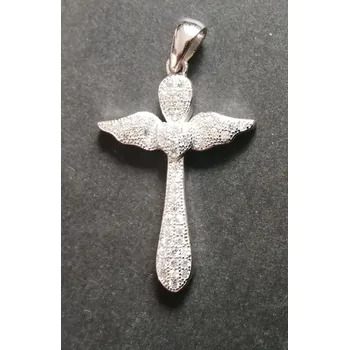 Přívěsek Kříž ve tvaru anděla posetý světlými zirkony - přívěsek ze stříbra