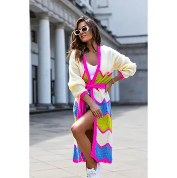 Dámské oblečení Fashionweek Dlouhý cardigan prolamovaný lehký barevný JK-HERA Barva: Béžový, Velikost: Universal