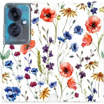 Pouzdro na mobilní telefon Flipové pouzdro Mobiwear - OPPO Reno 11 F 5G - MP04S Luční kvítí (Knížkové flip pouzdro, obal, kryt na mobil OPPO Reno 11 F 5G - MP04S Luční kvítí, materiál Umělá kůže + TPU - ochrana 360°, stojánek, silikonová vanička, magnetické zavírání)
