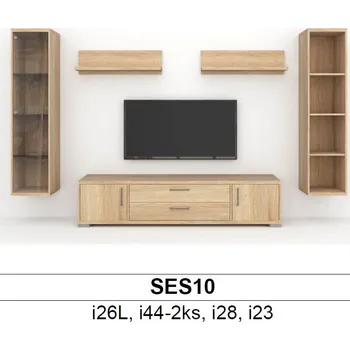 Obývací stěna BMB Libreta SES10 obývací sestava Dub přírodní, Noha vysoká mat - výška 120mm, NAKANA - Broušený nikl