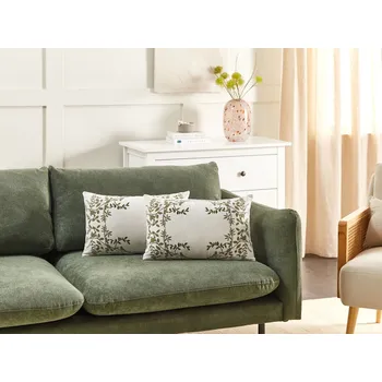 Bytový textil Sada 2 dekorativních polštářů bílá a zelená bavlna 30 x 50 cm květinový vzor ruční výroba moderní styl doplňky Beliani