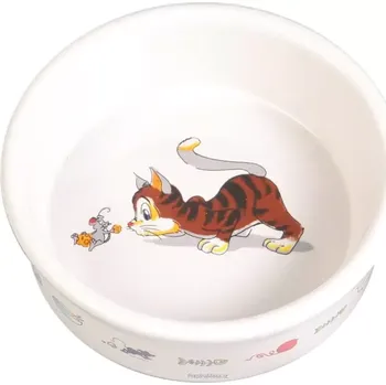 miska pro kočku Keramická miska bílá, motiv kočka s myší 200ml/11cm