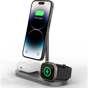 Mobilní telefon Nabíjecí stojánek CubeNest S313 Pro 3v1 Bezdrátová magnetická nabíječka 3v1 s podporou uchycení MagSafe - Šedá