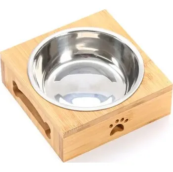 Miska pro psa Nerezová miska na granule nebo vodu pro psy a kočky s bambusovým podstavcem Varianta: podstavec + 1 miska, Velikost: M