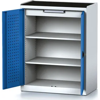 Alfa 3 Policová dílenská skříň 2-dveřová MECHANIC, 2 police, 1 zásuvka, 920 x 500 x 1170 mm, modré dveře