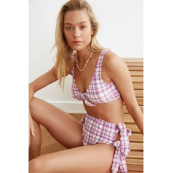 Dámská móda Trendyol Lilac Textured Tie Detailed High Waist Bikini Bottom Trendyol růžová 1476048