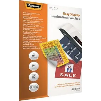 Laminovací fólie FELLOWES Laminovací fólie "Admire Easy Display", lesklá, 80 mikronů, A4, za tepla, samolepící, 25 ks, FELLOWE
