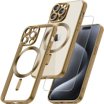 Pouzdro na mobilní telefon Sada tvrzené sklo + silikonový průhledný kryt Magsafe s ochranou fotoaparátu pro iPhone 14 Plus Barva: Zlatá