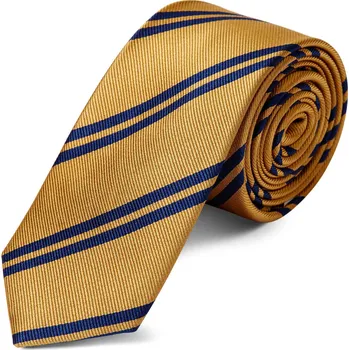 Kravata Zlatá hedvábná kravata s dvojitým navy proužkem 6 cm - Trendhim