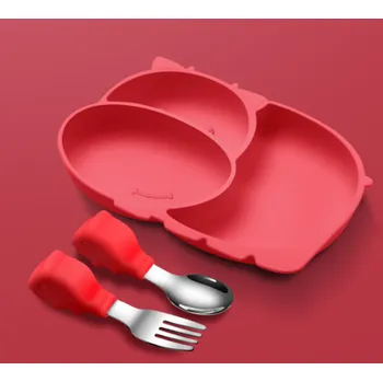 dětská jídelní sada Silikonová sada na krmení - HROŠÍK - ČERVENÝ (Značka: HIBOBI)