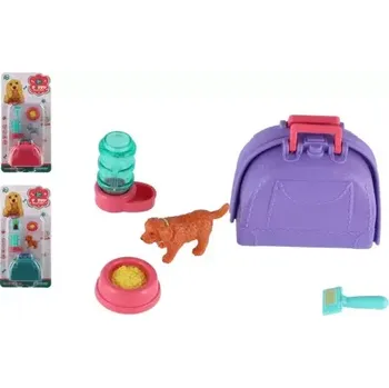 plyšák Teddies Mazlíček/pes s přenosným boxem plast 5cm s doplňky 2 druhy na kartě 12,5x25x5cm