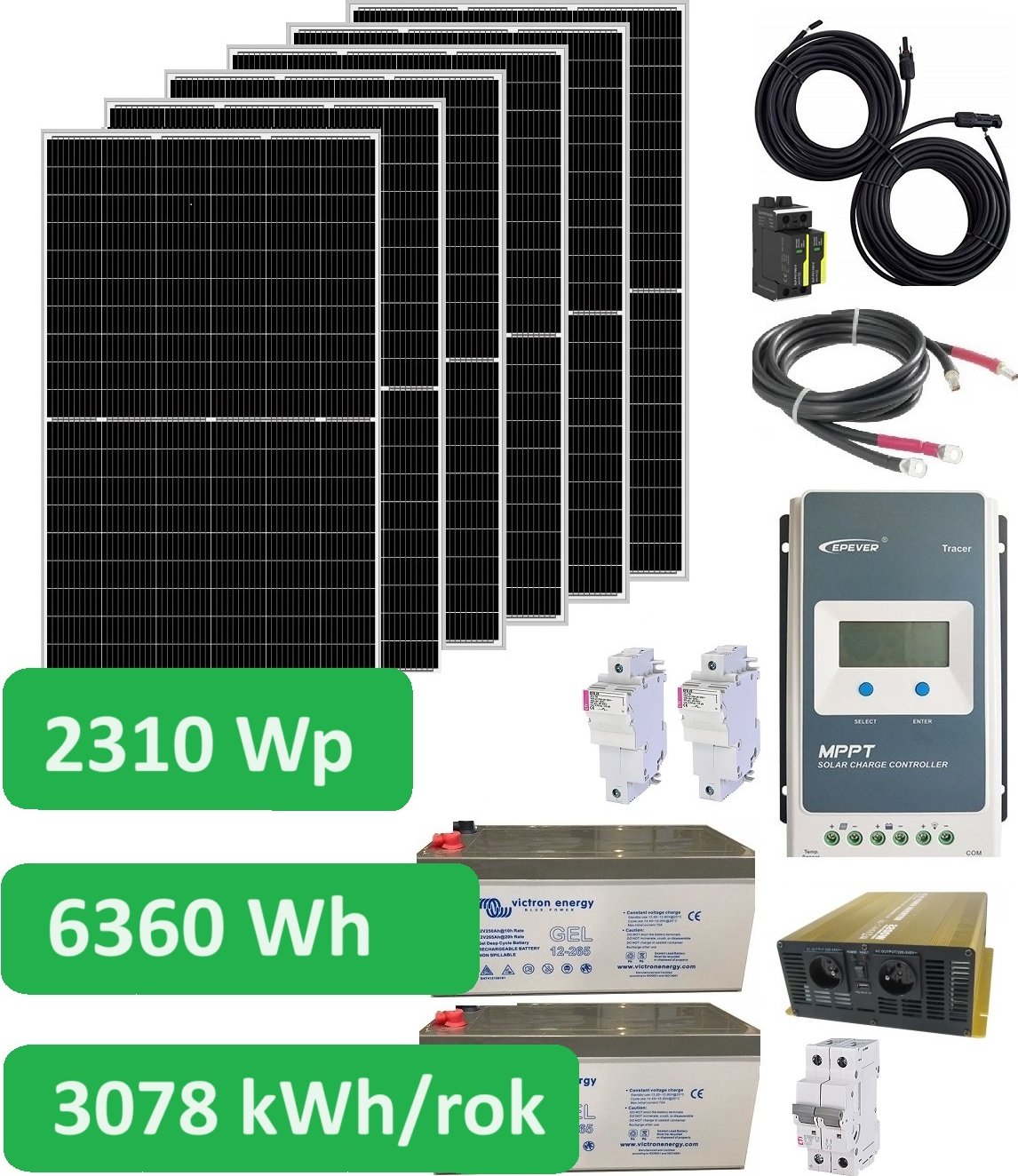 Ostrovní solární set 230V, 2310Wp/h, GEL baterie 6,360kWh, měnič 230VAC/2200W (Ostrovní solární sestava 230V/2310Wp, Výkon baterií Victron Energy GEL 2x12V/265Ah - 6,36kWh)