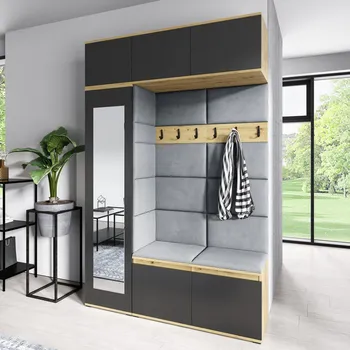 Šatní skříň Předsíňová stěna AMI 21 - se zrcadlem Šedá Dub artisan/černá