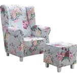 Křeslo ušák AS s taburetem - vzor Růže, vzor růže modrá / růžová / bílá (3995/102)