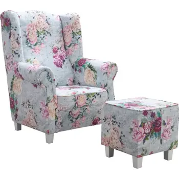 Křeslo Křeslo ušák AS s taburetem - vzor Růže, vzor růže modrá / růžová / bílá (3995/102)
