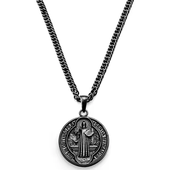 Náhrdelník Sanctus | Vintage náhrdelník stříbrné barvy s medailí svatého Benedikta - Lucleon