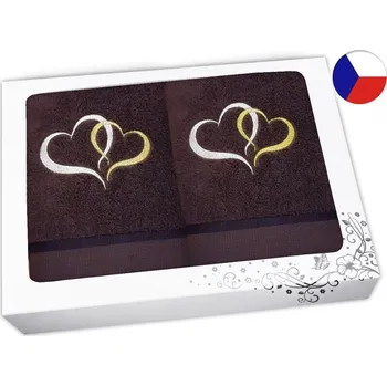 Ručník Dárková sada HNĚDÁ ručník + osuška s výšivkou Srdce béžová/zlatá