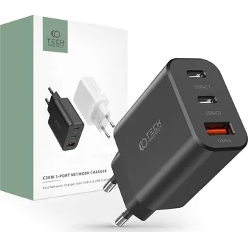 NABÍJEČKA NA MOBIL A TABLET TECH-PROTECT C30W 3-PORT NETWORK CHARGER PD30W/QC3.0 BLACK