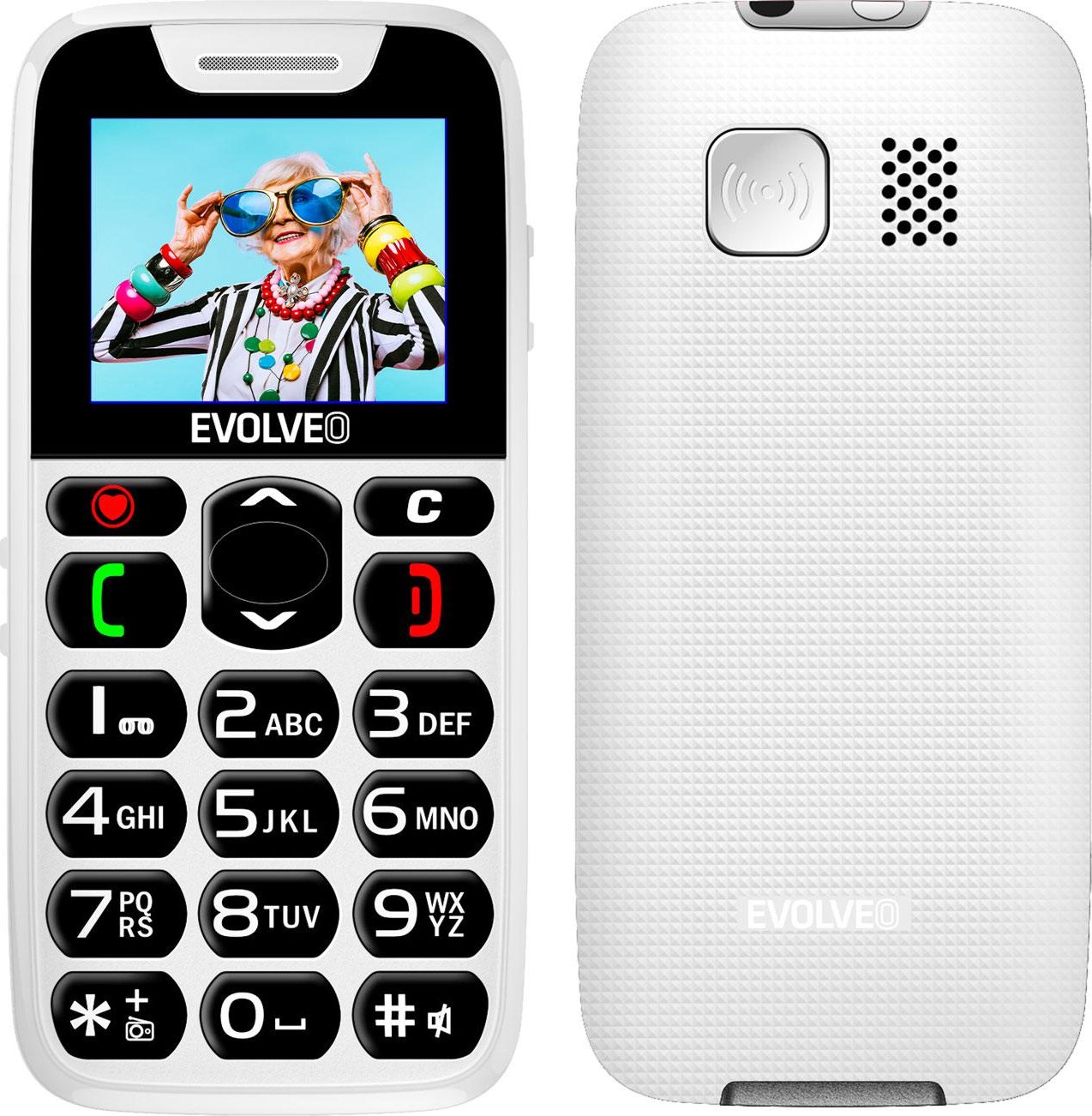 EVOLVEO EasyPhone, mobilní telefon pro seniory s nabíjecím stojánkem, bílá