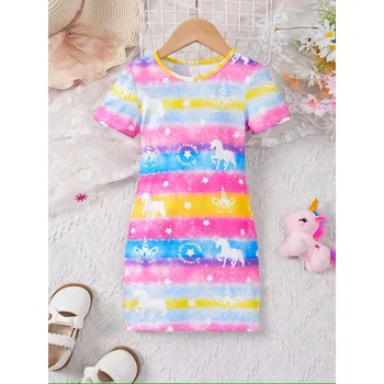 Dívčí šaty Unicorn (Jednorožci) Dívčí letní šaty s krátkým rukávem - Jednorožec (různé druhy, vel. od 3 do 14 let) Barva: CY--SMT-T-DXQ-161, Velikost: 130/7-8 let
