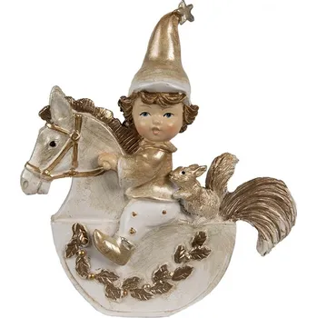 Vánoční dekorace Béžovo-zlatá dekorace děvčátko skřítek na houpacím koni - 10*3*11 cm