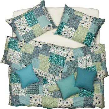 Povlečení SCANquilt povlečení KLASIK kvítka patch bílozelenomodrá 140 x 220/70 x 90 cm