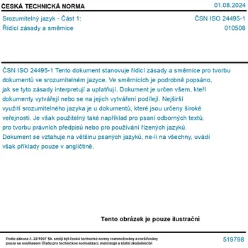 ČSN ISO 24495-1 - Srozumitelný jazyk - Část 1: Řídicí zásady a směrnice - Tisk