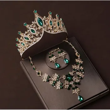 Souprava šperků Luxusní štrasová sada s korunkou smaragdově zelená