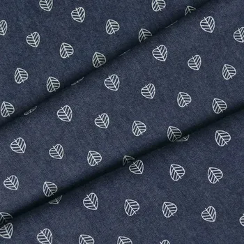 Tenká džínovina/ jeans 120g potisk lístky tmavě modrá