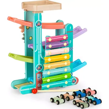 Hudební nástroj pro děti ECOTOYS Dřevěná edukační skluzavka s xylofonem + 6 autíček