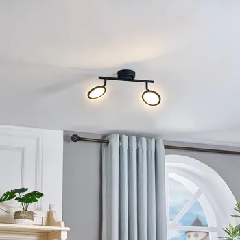 Lampička Lindby LED reflektor Manel, černý, železný, délka 35 cm, 2 světla. - Ø stínidel 11 cm; Ø stříšky 10 cm černá, bílá LED 10 W celkem