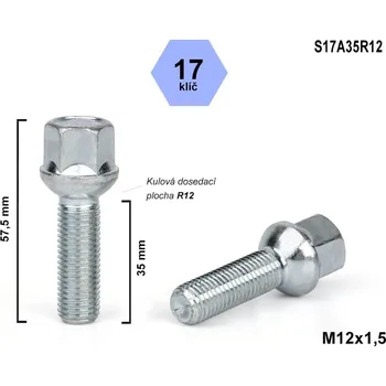Šroubek na kolo Kolový šroub M12x1,5x35 kulový R12, klíč 17, S17A35R12 výška 57,5 mm