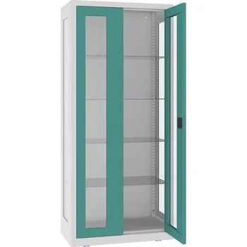 Kovová skříň s prosklenými dveřmi i boky, kovové police, dvoukřídlé dveře, š x h x v: 800x435x1800 mm, barva dveří zelená RAL6033