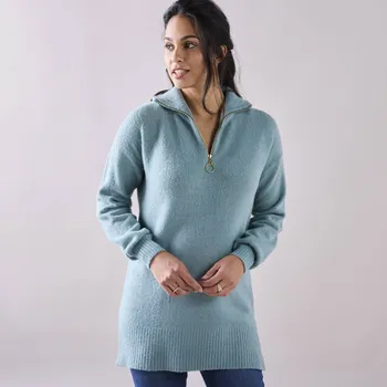 Dámský svetr Dlouhý pulovr se stojáčkem na zip tyrkysová 38/40